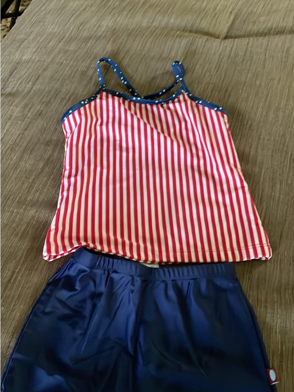 Striped Red & White Tankini Top with Navy Bottoms